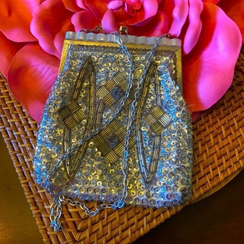 Fine‎ Arts Bag Vintage Beaded Sequin Clutch Small Silver Good Evening Bag